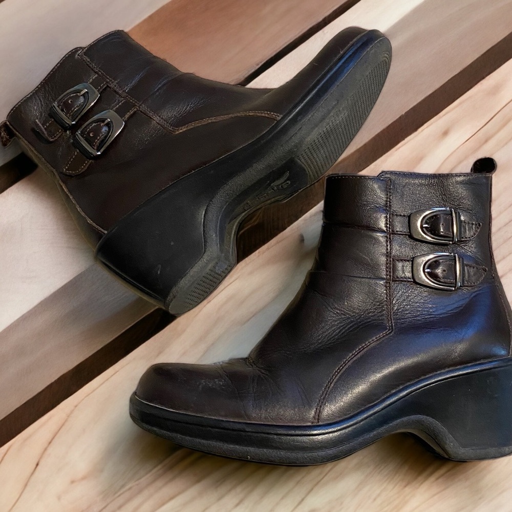 Dansko Bibi moto clog booties brown black